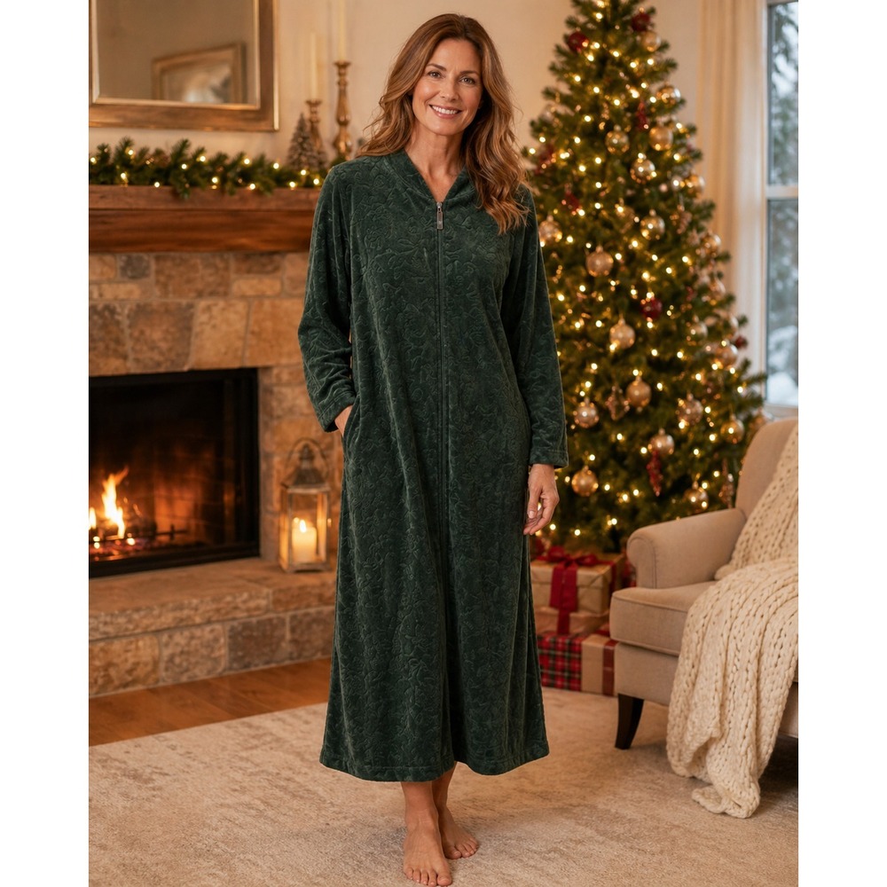 Miss Elaine Cozy Full Zip‎ Gown Robe Womens Small Green Fleece Polyester Pockets